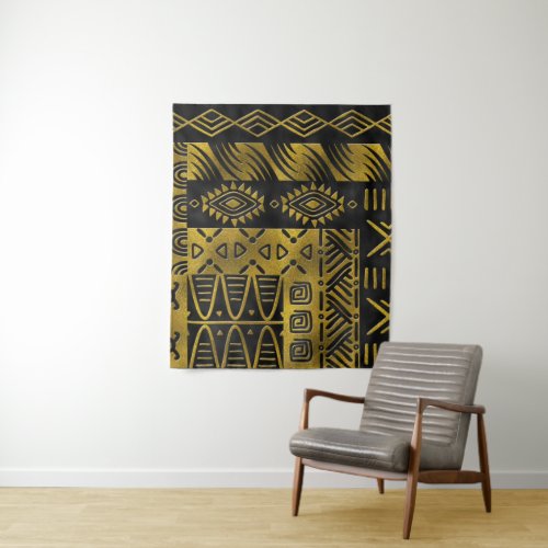 Ethnic African Golden Pattern on black Tapestry