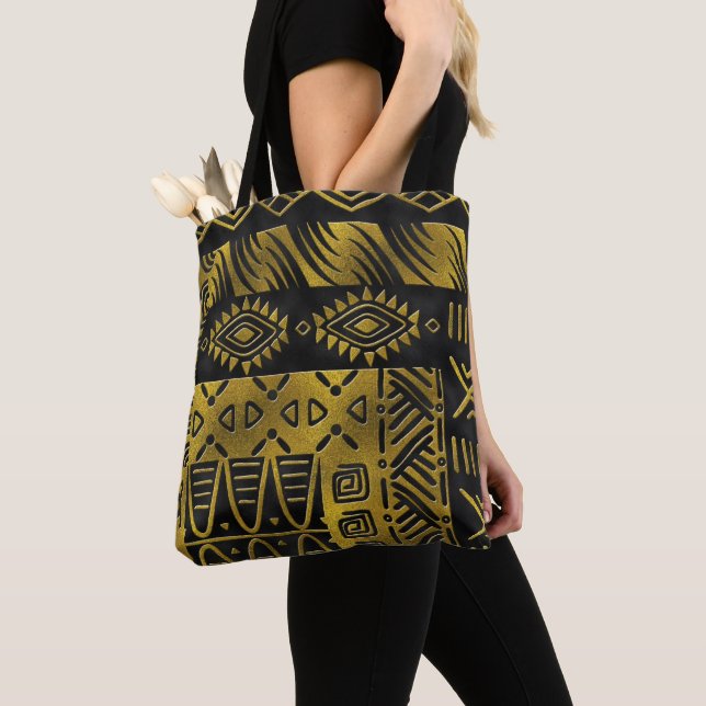 Ethnic African Golden Pattern on black Tote Bag (Close Up)