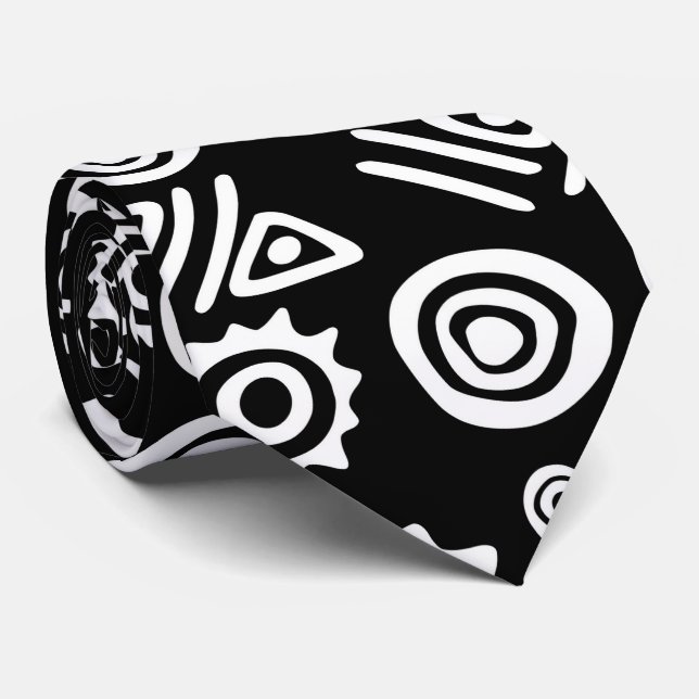 Ethnic African Pattern- Black and White #4 Neck Tie (Rolled)