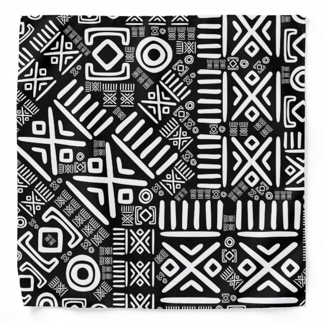 Ethnic African Pattern- Black and White #6 Bandana (Front)