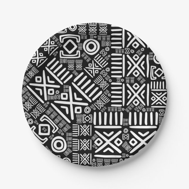 Ethnic African Pattern- Black and White #6 Paper Plates (Front)