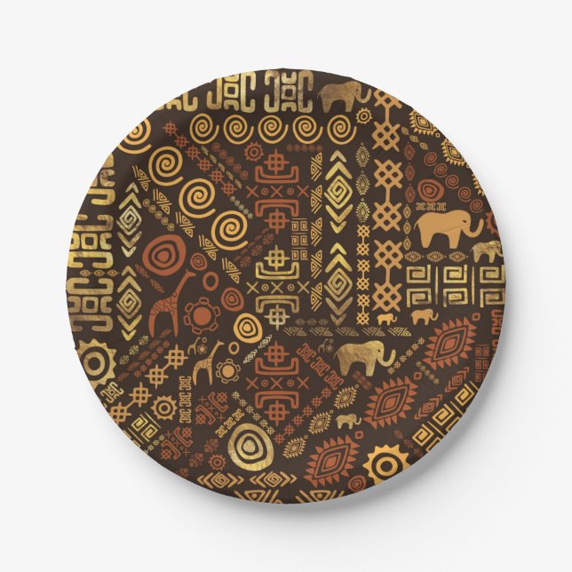 Ethnic African Pattern- browns and golds #12 Paper Plates (Front)