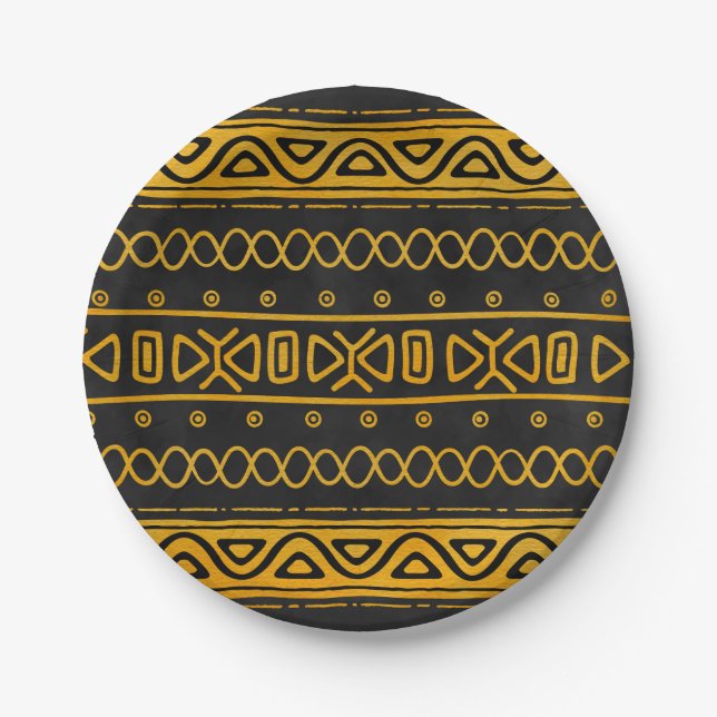 Ethnic African Pattern Yellow and Black Paper Plates (Front)