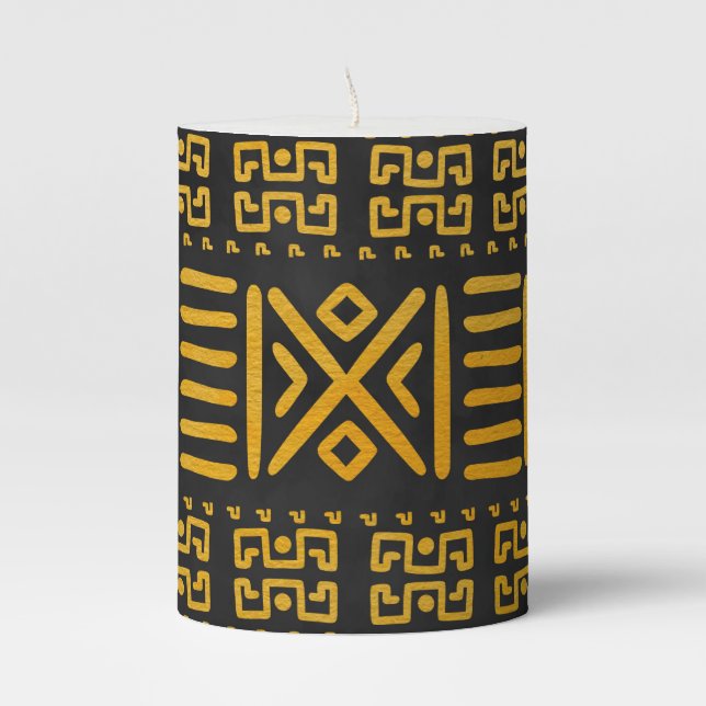Ethnic African Pattern Yellow and Black Pillar Candle (Front)