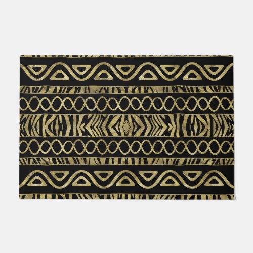 Ethnic and Animal Print Pattern Black and Gold Doormat