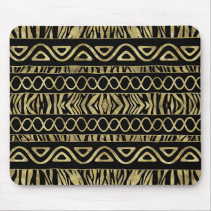 Ethnic and Animal Print Pattern Black and Gold Mouse Pad