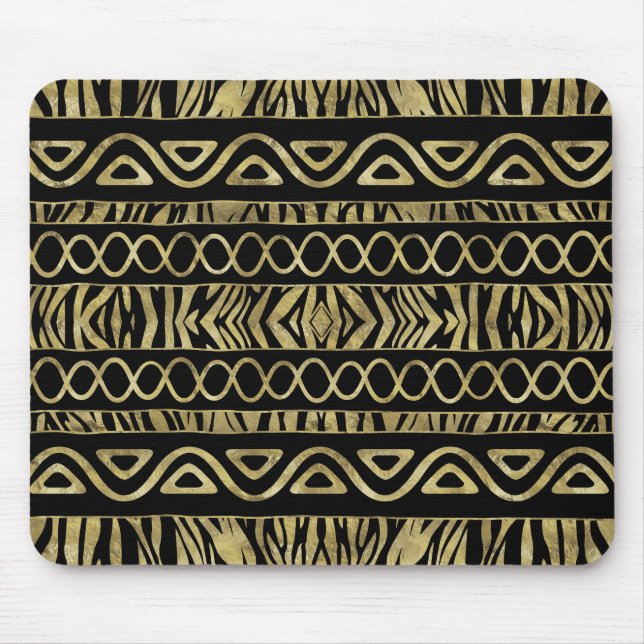 Ethnic and Animal Print Pattern Black and Gold Mouse Pad (Front)