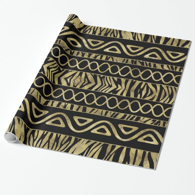 Ethnic and Animal Print Pattern Black and Gold Wrapping Paper (Unrolled)