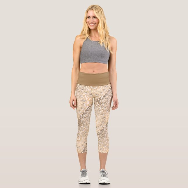 Ethnic Asian Oriental Mandala Golden n Brown Capri Leggings (Front)