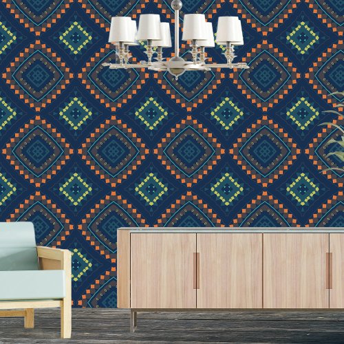Ethnic Aztec Navy Blue Orange Green Teal Geometric