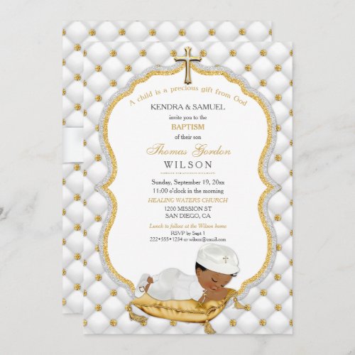 Ethnic Baby Boy Baptism Christening Gold Cross Invitation