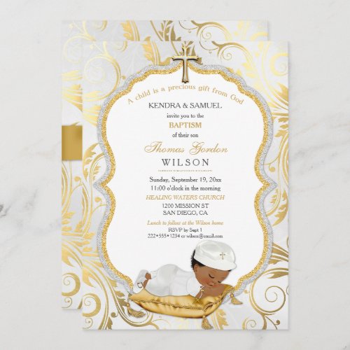 Ethnic Baby Boy Baptism Christening Gold Cross Invitation