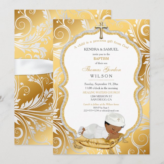 Ethnic Baby Boy Baptism Christening Gold Cross Invitation (Front/Back)