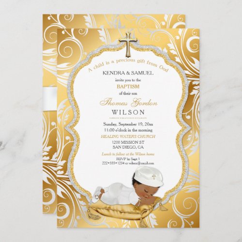 Ethnic Baby Boy Baptism Christening Gold Cross Invitation