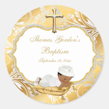 Ethnic Baby Boy Baptism Gold Cross Classic Round Sticker by HydrangeaBlue at Zazzle