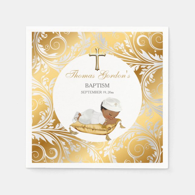 Ethnic Baby Boy Christening Baptism Gold Silver Napkins (Front)