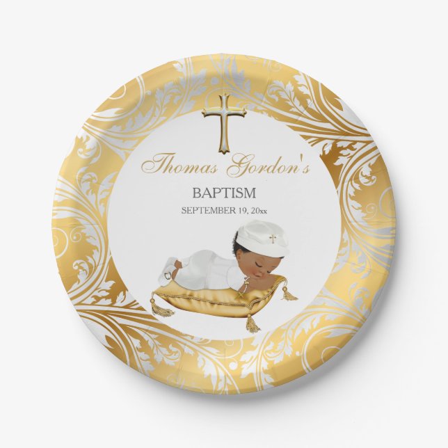 Ethnic Baby Boy Christening Baptism Gold Silver Paper Plates (Front)