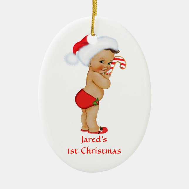 Ethnic Baby Boy First Christmas Red Santa Hat Ceramic Ornament (Front)