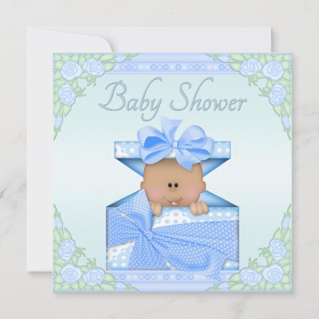 Ethnic Baby Boy in Gift Box and Roses Baby Shower Invitation (Front)