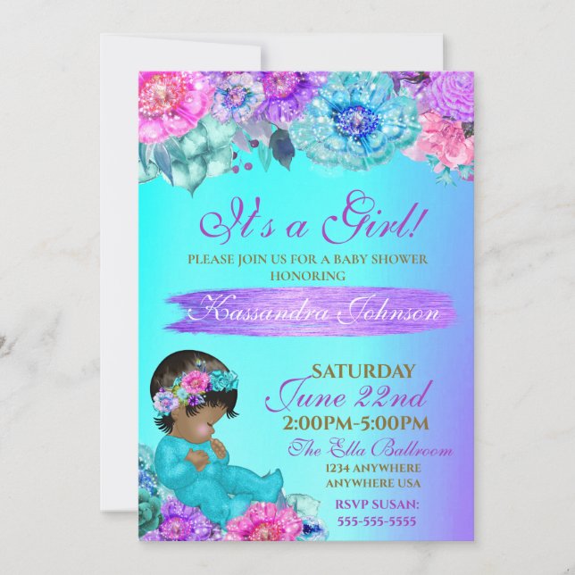 ethnic Baby elegant Purple teal Gold baby shower Invitation (Front)