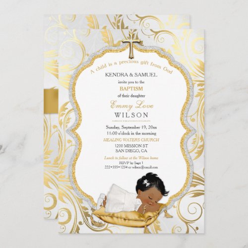 Ethnic Baby Girl Baptism Christening Gold Cross Invitation