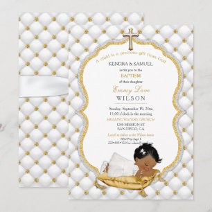 Ethnic Baby Girl Baptism Christening Gold Cross Invitation