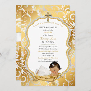 Ethnic Baby Girl Baptism Christening Gold Cross Invitation