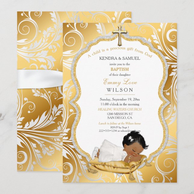 Ethnic Baby Girl Baptism Christening Gold Cross Invitation (Front/Back)