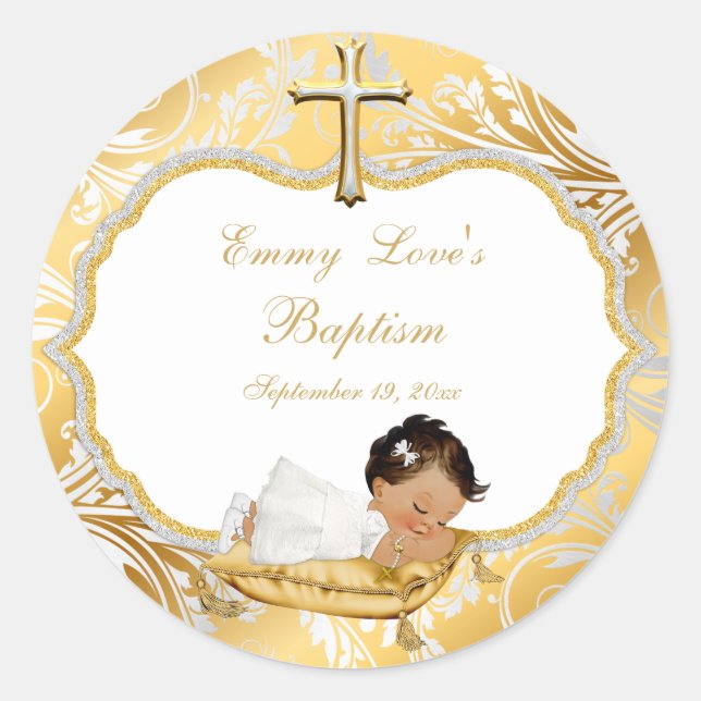 Ethnic Baby Girl Baptism Gold Cross Classic Round Sticker (Front)