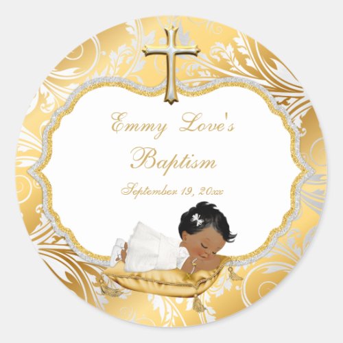 Ethnic Baby Girl Baptism Gold Cross Classic Round Sticker