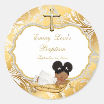 Ethnic Baby Girl Baptism Gold Cross Classic Round Sticker by HydrangeaBlue at Zazzle