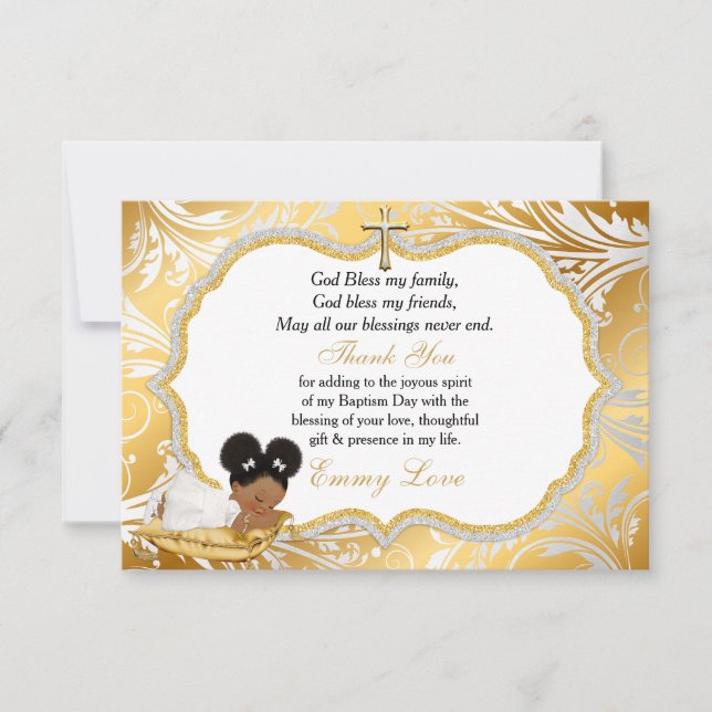 Ethnic Baby Girl Baptism Gold Cross Thank You (Front)