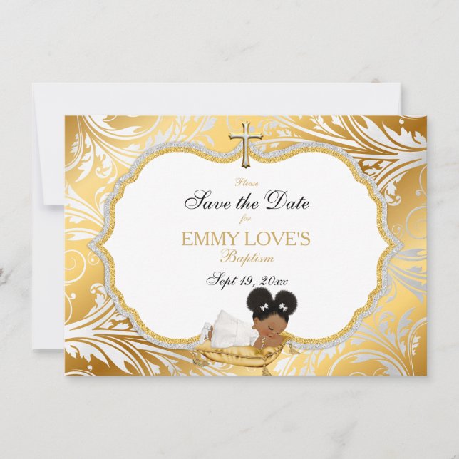 Ethnic Baby Girl Baptism Save Date Gold Cross Save The Date (Front)