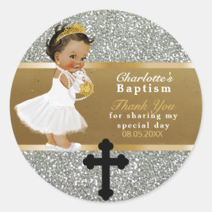 Ethnic Baby Girl Baptism Thank You Gold Silver Classic Round Sticker