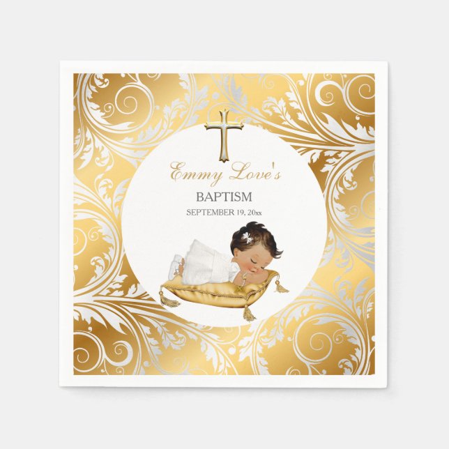 Ethnic Baby Girl Christening Baptism Gold Silver Napkins (Front)