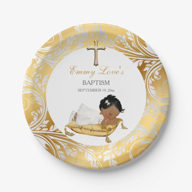 Ethnic Baby Girl Christening Baptism Gold Silver Paper Plates (Front)