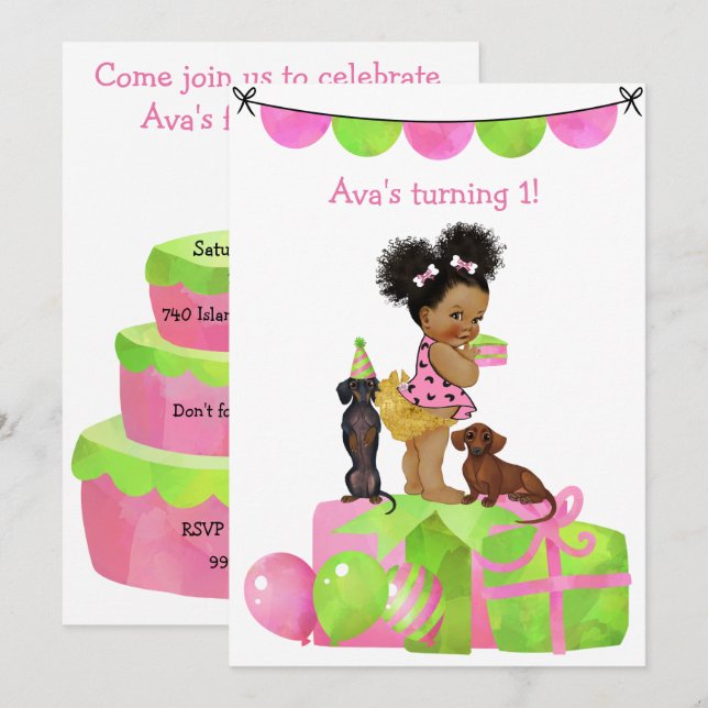 Ethnic Baby Girl Dachshund Party Invitation (Front/Back)