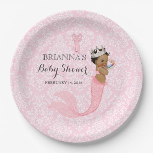 Ethnic Baby Girl Mermaid Princess Crown Damask Paper Plates