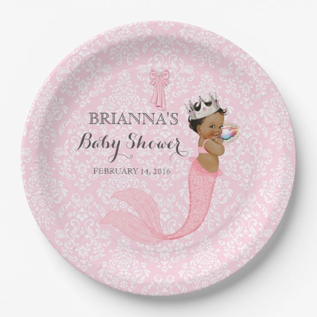 Ethnic Baby Girl Mermaid Princess Crown Damask Paper Plates (Front)