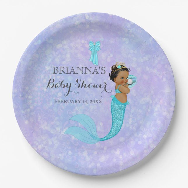 Ethnic Baby Girl Mermaid Princess Purple Turquoise Paper Plates (Front)