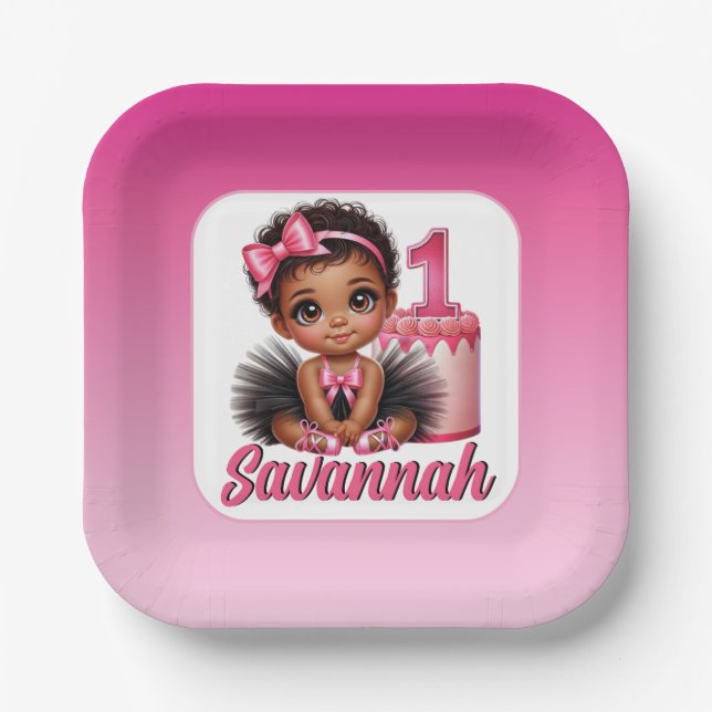 Ethnic Baby Girl Pink & Black Tutu 1st Birthday Paper Plates (Front)