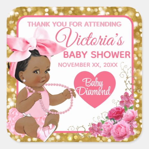 Ethnic Baby Girl Pink  Gold Baby Shower Square Sticker