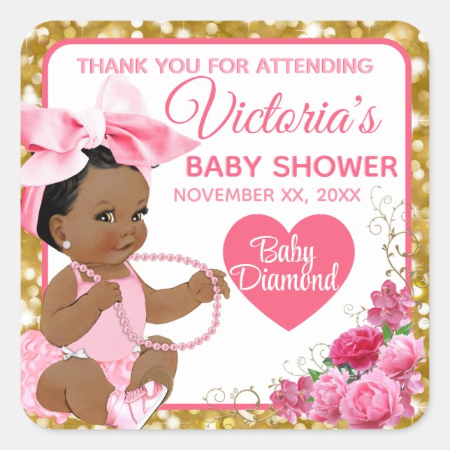 Ethnic Baby Girl Pink & Gold Baby Shower Square Sticker (Front)