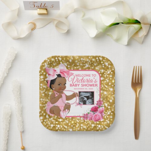 Ethnic Baby Girl Pink  Gold Photo Baby Shower Paper Plates