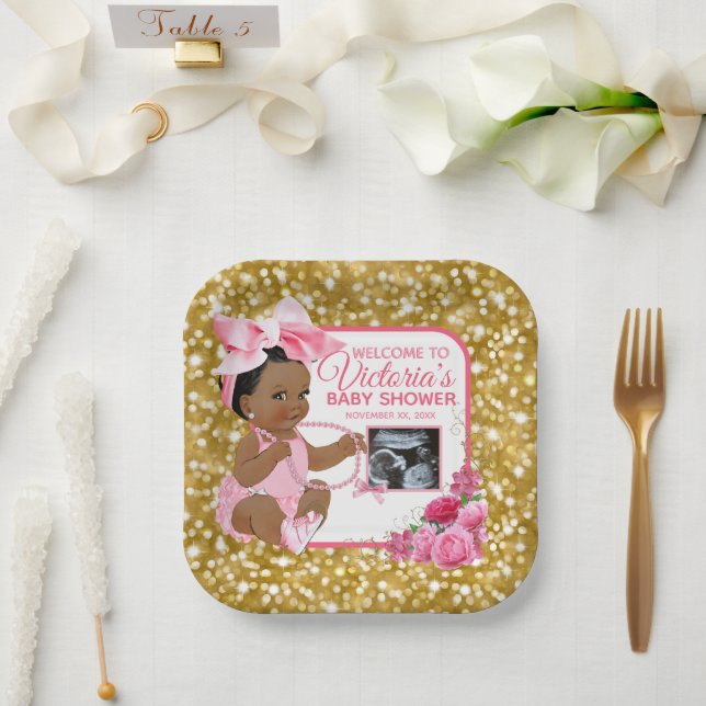 Ethnic Baby Girl Pink & Gold Photo Baby Shower Paper Plates (Wedding)