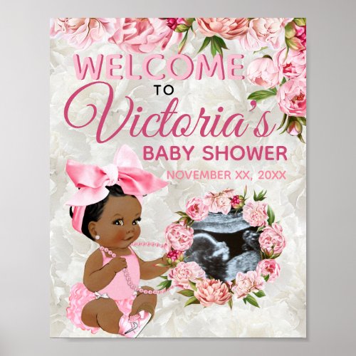 Ethnic Baby Girl Pink Peony Photo Baby Shower Poster