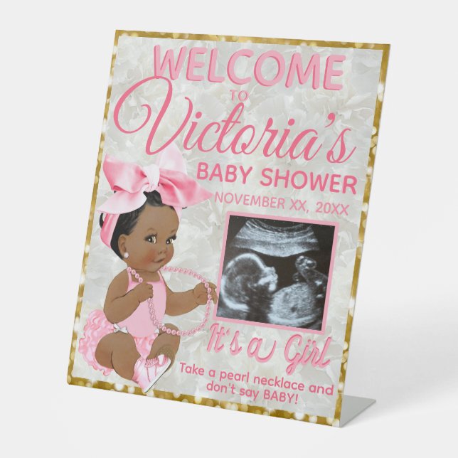 Ethnic Baby Girl Pink Photo Baby Shower Welcome Pedestal Sign (Front)