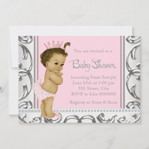 Ethnic Baby Girl Pink Silver Baby Shower Invitation