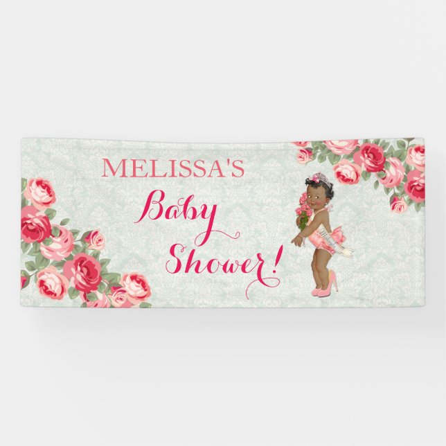 Ethnic Baby Girl Roses Tiara Mint & Pink Banner (Horizontal)