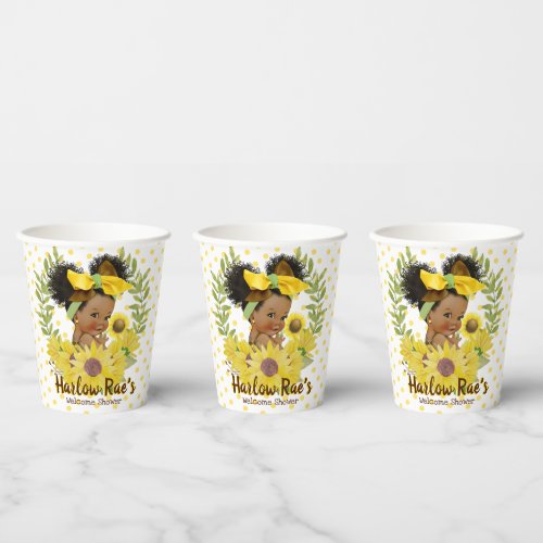 Ethnic Baby Girl  Yellow Sunflower Baby Shower Paper Cups
